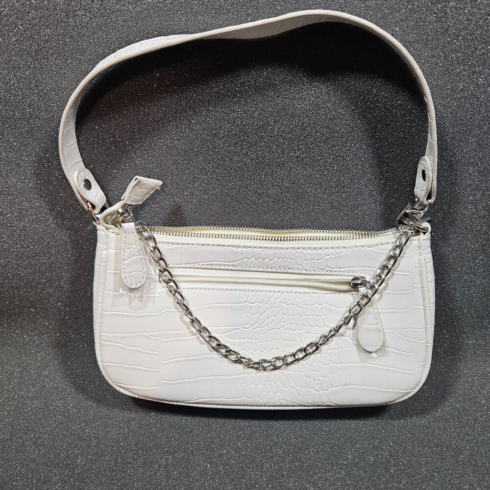 unbranded White Croc Embossed Baguette Shoulder Bag Silver Chain Y2K Faux Leathe